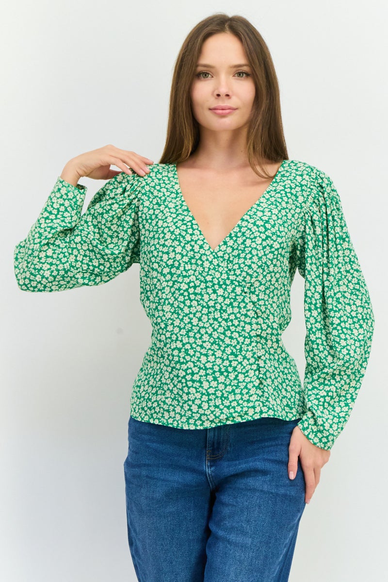 MANGO Women V-Neck Long Sleeves Floral Print Blouse, Green - Image 1