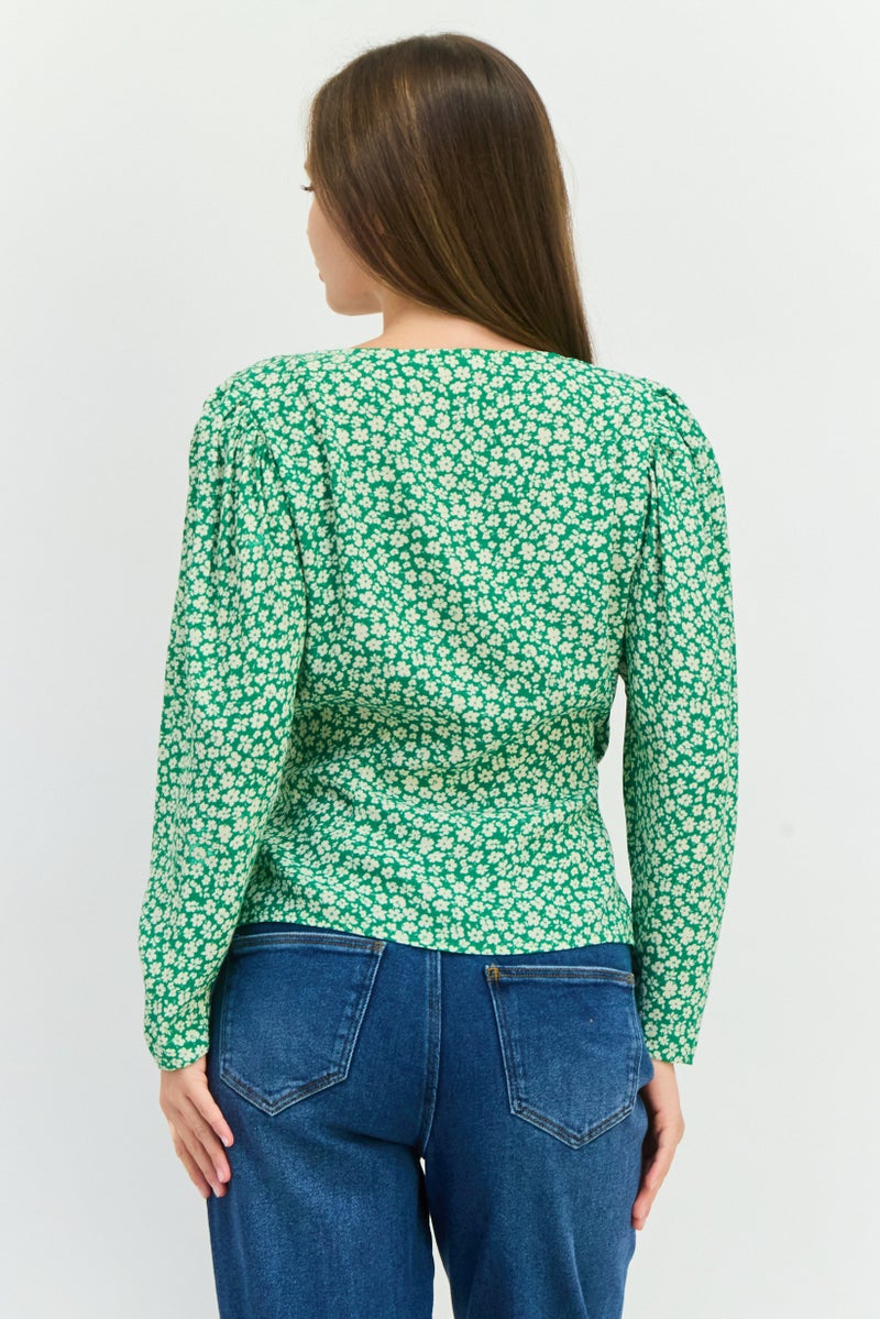 MANGO Women V-Neck Long Sleeves Floral Print Blouse, Green - Image 3