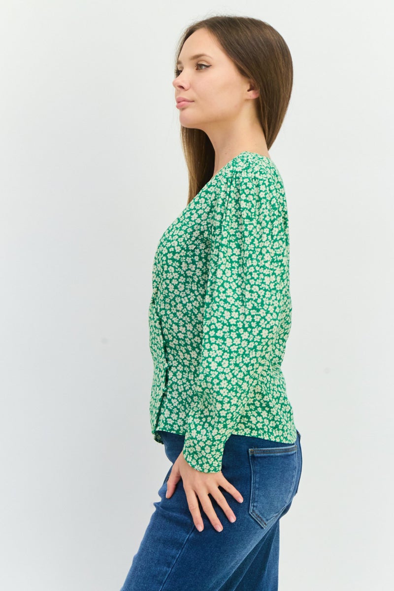 MANGO Women V-Neck Long Sleeves Floral Print Blouse, Green - Image 2