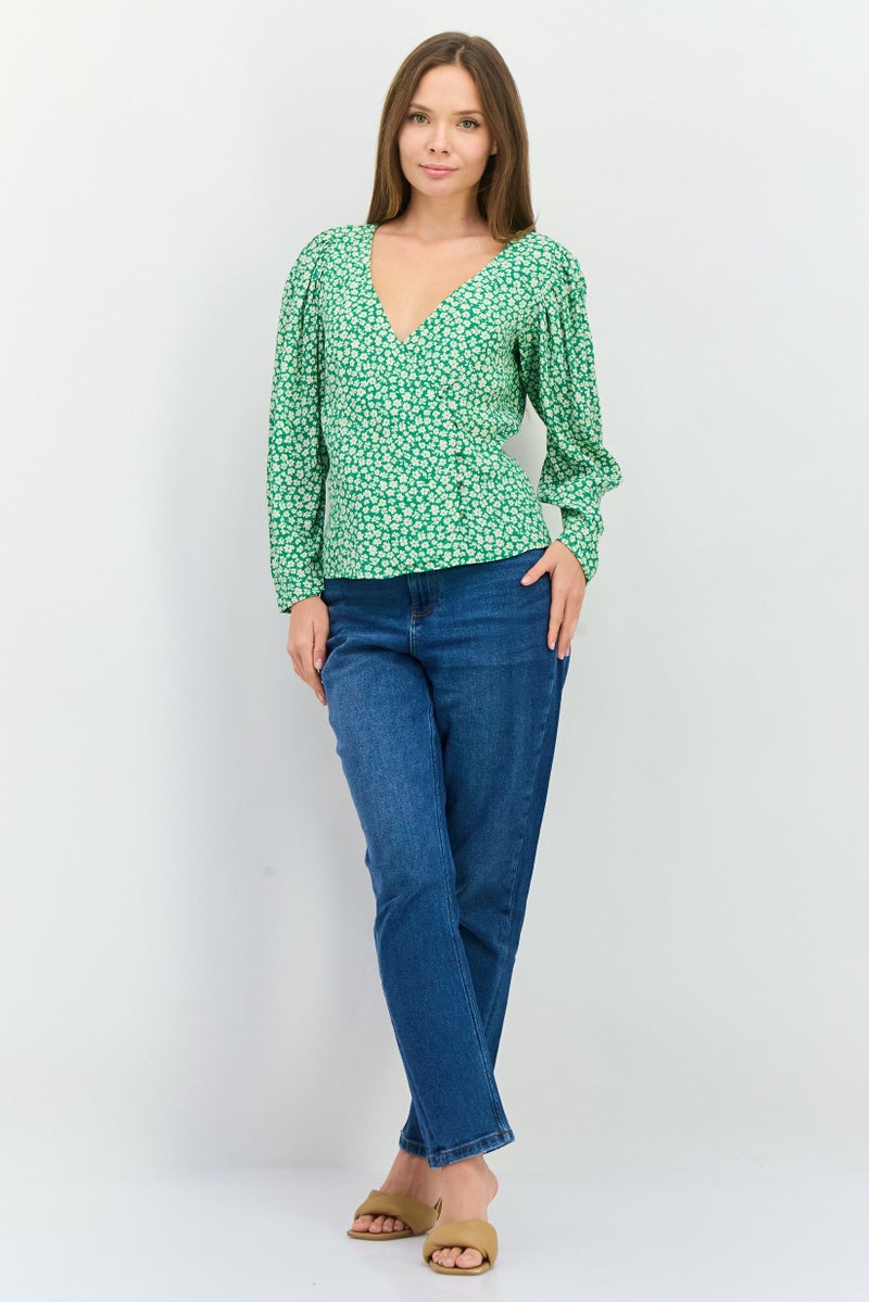 MANGO Women V-Neck Long Sleeves Floral Print Blouse, Green - Image 4