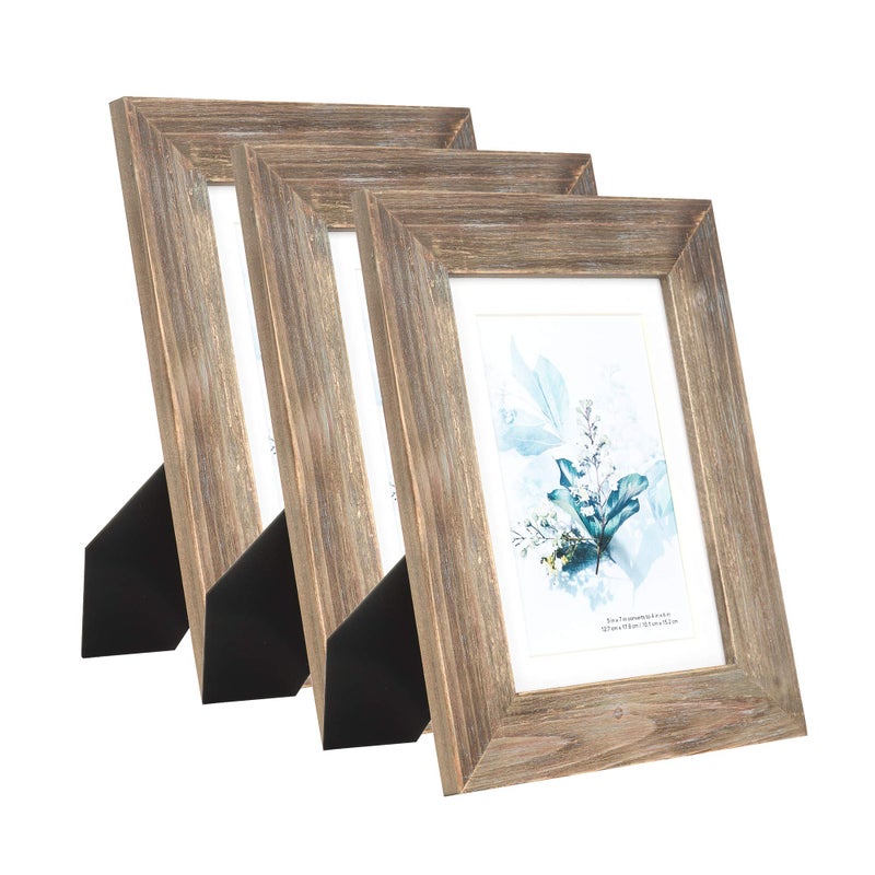 KAIWIN 100 Solid Wood Brown 5x7 Picture Frame 3 Pack  Display Picture 4x6 with Mat HD Glass Inside Rustic Wooden Photo Frames for Table Top and Wall Mounting