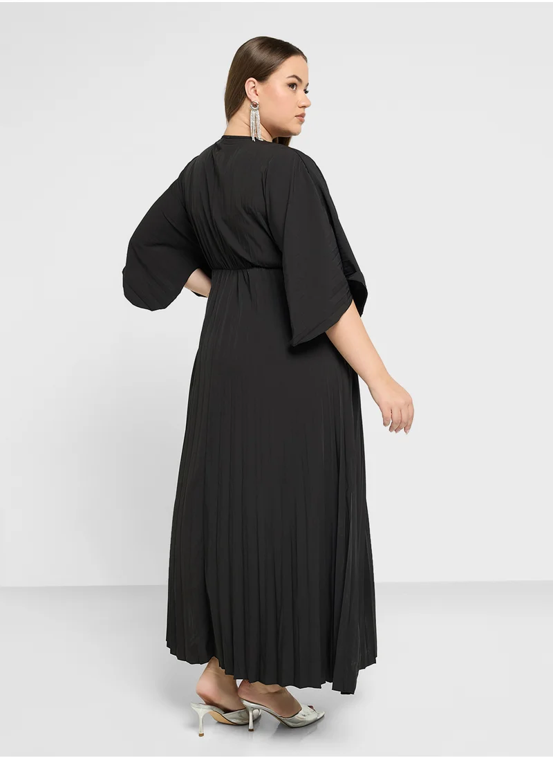 Ella Plus Deep Neck Pleated Dress