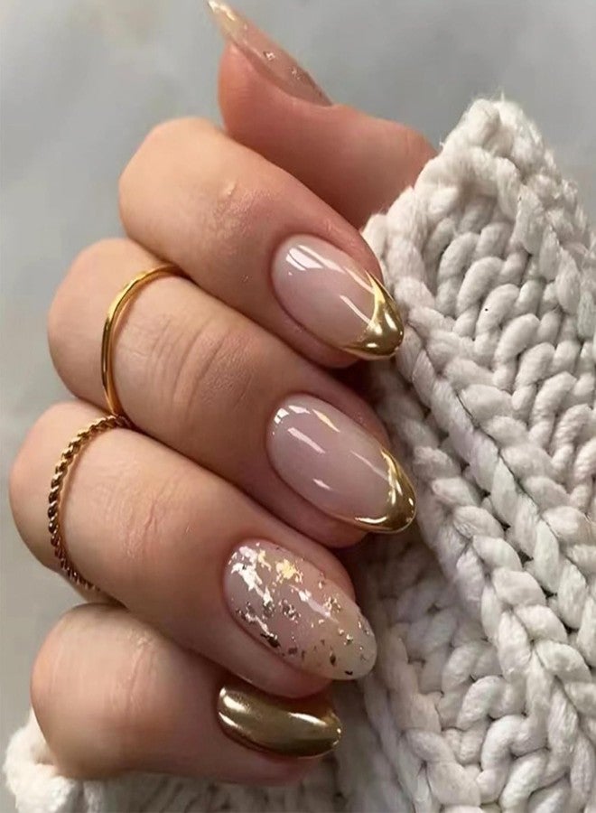LRKNNO French Tip Press On Nails Almond Medium Fake Nails Gold Tips Full Cover False Nails with Glitter Foils Design Glossy Acrylic Glue on Nails Artificial Stick On for Women DIY Manicure 24 Pcs - Image 1