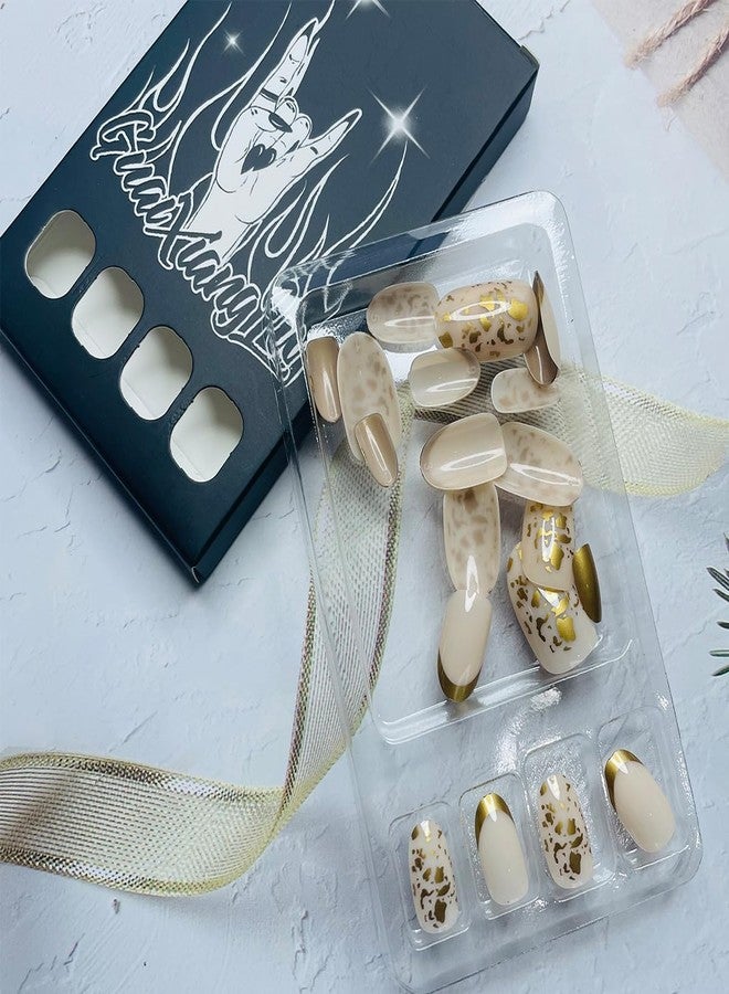 LRKNNO French Tip Press On Nails Almond Medium Fake Nails Gold Tips Full Cover False Nails with Glitter Foils Design Glossy Acrylic Glue on Nails Artificial Stick On for Women DIY Manicure 24 Pcs - Image 3