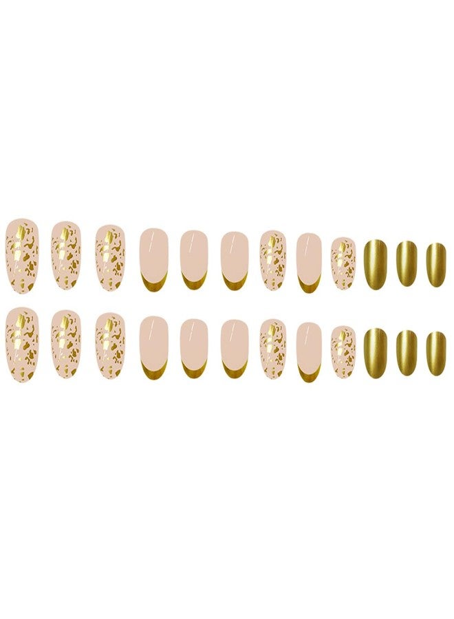 LRKNNO French Tip Press On Nails Almond Medium Fake Nails Gold Tips Full Cover False Nails with Glitter Foils Design Glossy Acrylic Glue on Nails Artificial Stick On for Women DIY Manicure 24 Pcs - Image 4