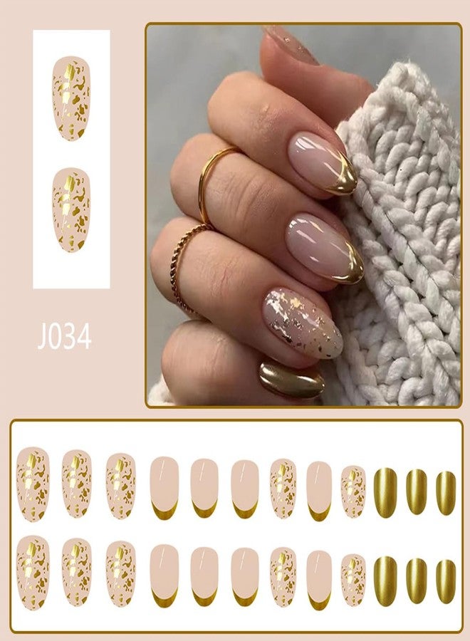 LRKNNO French Tip Press On Nails Almond Medium Fake Nails Gold Tips Full Cover False Nails with Glitter Foils Design Glossy Acrylic Glue on Nails Artificial Stick On for Women DIY Manicure 24 Pcs - Image 2