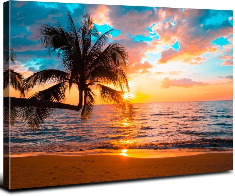 YOOOAHU Coastal Palm Tree Sunset Canvas Wall Art - Image 1