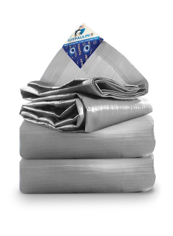 TUFFPAULIN قماش مشمع بلاستيكي TUFFPAULIN فضي اللون، مقاس 12 قدمًا × 10 أقدام، وزن 120 جرامًا للمتر المربع، من نوع Tirpal Tadpatri Tharpai Thadika، شديد المتانة، معزز، مقاوم للأشعة فوق البنفسجية، مقاوم للماء بنسبة 100%، مصنوع من 6 طبقات بتقنية MLCL ثلاثية الأبعاد المضلعة - قطعة واحدة، 120 × 144 × 0.03 بوصة - Image 1