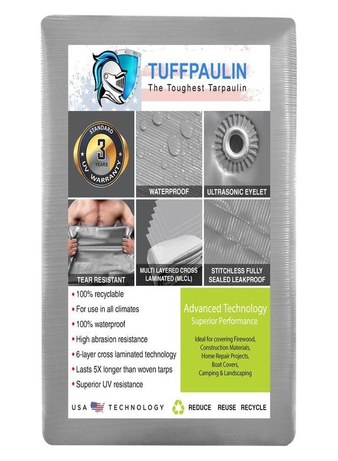 TUFFPAULIN قماش مشمع بلاستيكي TUFFPAULIN فضي اللون، مقاس 12 قدمًا × 10 أقدام، وزن 120 جرامًا للمتر المربع، من نوع Tirpal Tadpatri Tharpai Thadika، شديد المتانة، معزز، مقاوم للأشعة فوق البنفسجية، مقاوم للماء بنسبة 100%، مصنوع من 6 طبقات بتقنية MLCL ثلاثية الأبعاد المضلعة - قطعة واحدة، 120 × 144 × 0.03 بوصة - Image 2