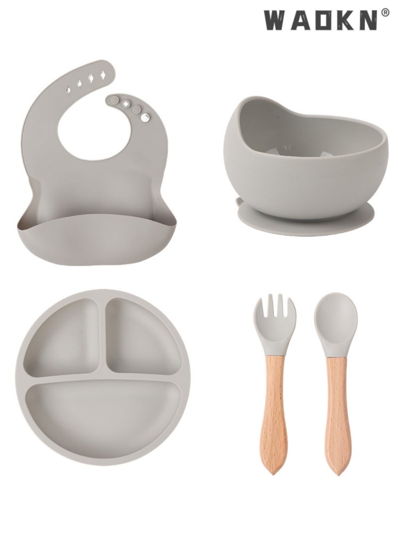 WAOKN 5PCS Baby Silicone Sucker Plate Bowl Bibs Spoon Fork Cutlery Sets Baby Toddler Bib Divided Plate and Bowl Self Feeding Spoons Dish Set | Baby Eating Utensils | Toddler Feeding Supplies Kids Gift - Image 1