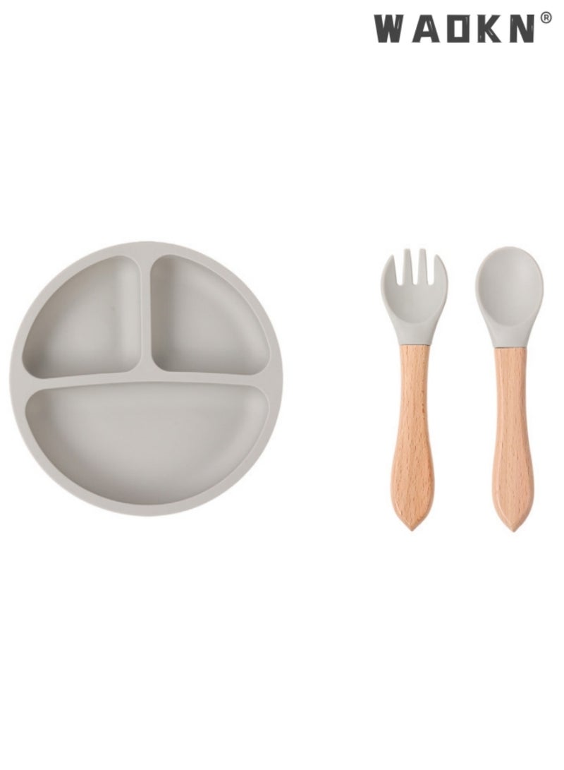 WAOKN 5PCS Baby Silicone Sucker Plate Bowl Bibs Spoon Fork Cutlery Sets Baby Toddler Bib Divided Plate and Bowl Self Feeding Spoons Dish Set | Baby Eating Utensils | Toddler Feeding Supplies Kids Gift - Image 3