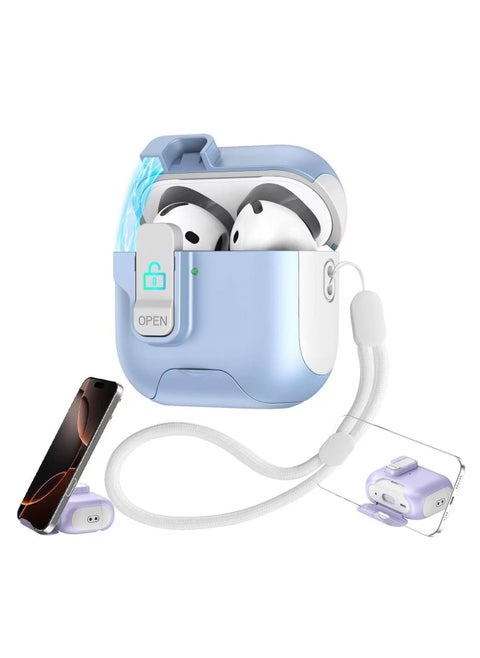 case for AirPods 4th Generation Case with Secure Lock,Shockproof Hard Protective Cover for AirPods 4th Case with Phone Holder,Airpod 4th Cases with Lanyard (Baby Blue)