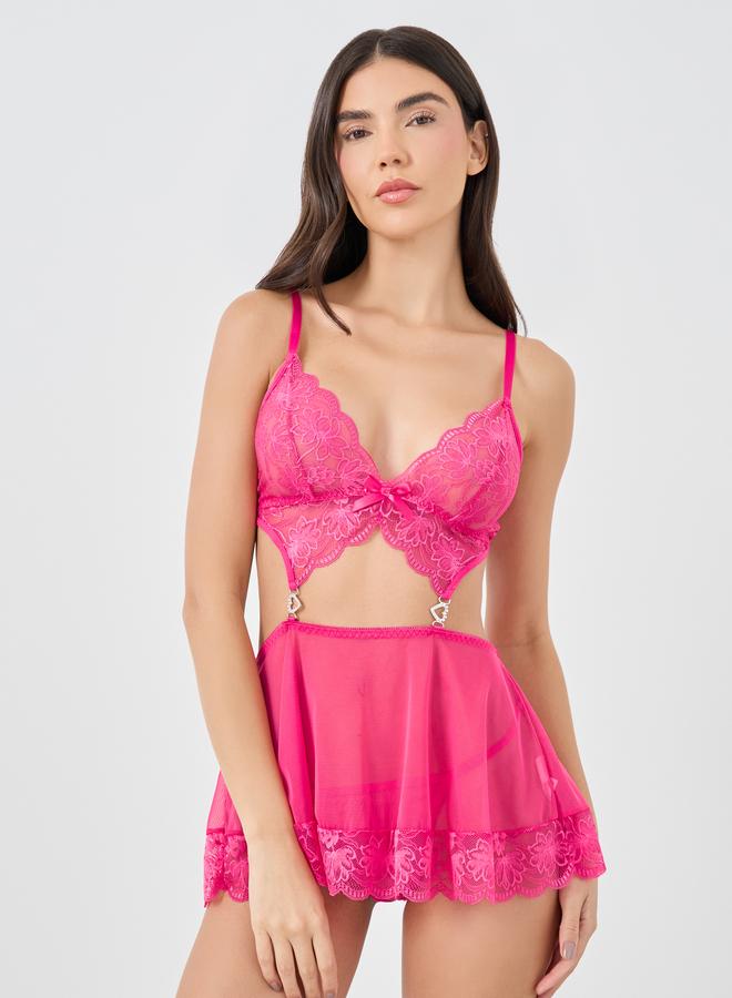 Lace Bralette Top with Skirt and Briefs Set