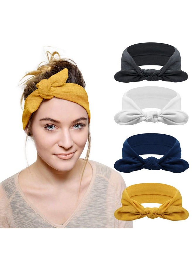 DRESHOW 4 Pack Headbands For Women Bow Knotted Hair Band Facial Cloth Rabbit Ears Running Sport Elastic Hair Wrap  - Image 1