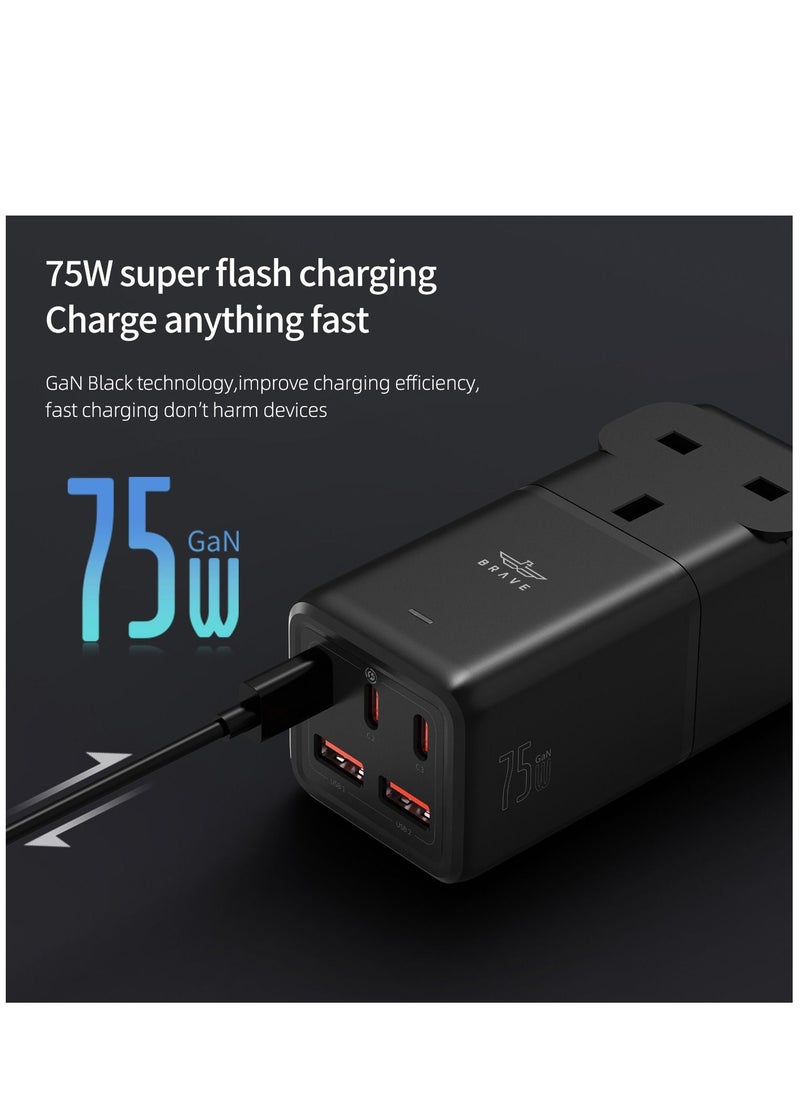 Brave - 6-in-1 75W GaN Fast Charging Power Strip, 3250W AC Socket, Includes 3 USB-C PD Ports, 2 USB-A QC 3.0 Ports, 1 UK Plug, Surge Protector, 1.8m Cable, Desktop Wall Charger Hub for iPhone 16/15/14, MacBook Pro/Air, iPad, Samsung S25/S24/S23, Laptop, Tablet, Perfect for Home and Office Use. - Image 1