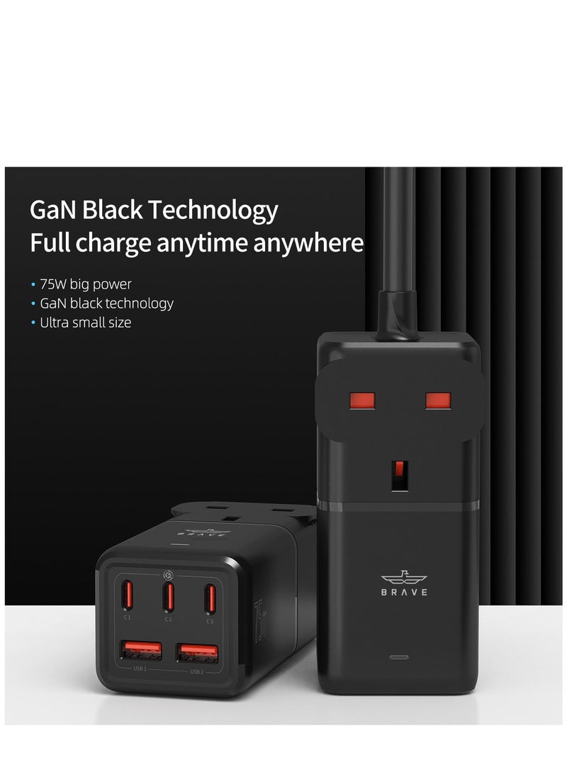 Brave - 6-in-1 75W GaN Fast Charging Power Strip, 3250W AC Socket, Includes 3 USB-C PD Ports, 2 USB-A QC 3.0 Ports, 1 UK Plug, Surge Protector, 1.8m Cable, Desktop Wall Charger Hub for iPhone 16/15/14, MacBook Pro/Air, iPad, Samsung S25/S24/S23, Laptop, Tablet, Perfect for Home and Office Use. - Image 1