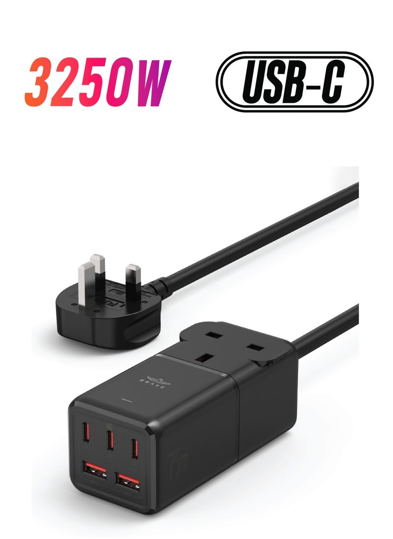 Brave - 6-in-1 75W GaN Fast Charging Power Strip, 3250W AC Socket, Includes 3 USB-C PD Ports, 2 USB-A QC 3.0 Ports, 1 UK Plug, Surge Protector, 1.8m Cable, Desktop Wall Charger Hub for iPhone 16/15/14, MacBook Pro/Air, iPad, Samsung S25/S24/S23, Laptop, Tablet, Perfect for Home and Office Use. - Image 1