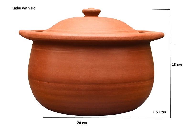 EZAHK Handmade Clay Earthen Kadai Pot with Lid for Cooking & Serving - Brown (1.5 liter), Natural and Traditional Pure |Non-Stick | - Image 2