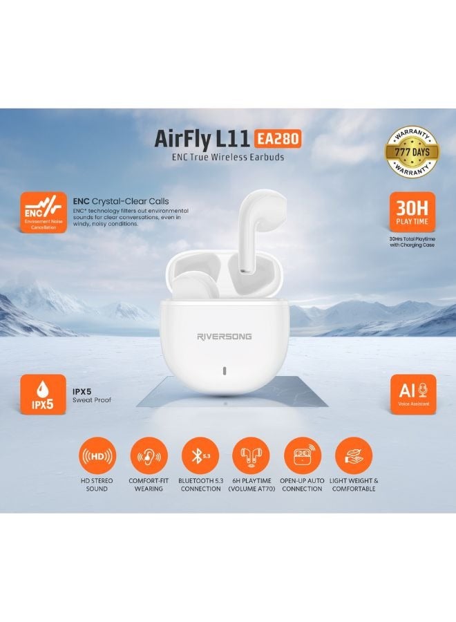 RIVERSONG Airfly L11 True Wireless Stereo Earbuds with ENC Clear Call, AI Voice Assistant, 30H Playtime, IPX5 Sweatproof, Stereo Sound Quality, White - Image 2