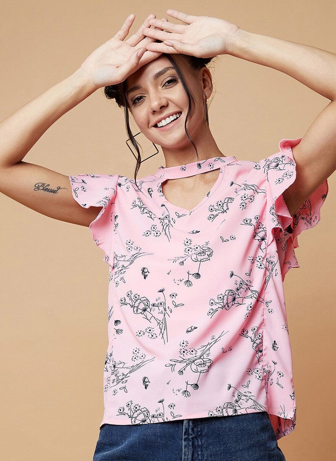 CHIMPAAANZEE Pink Floral Print Choker Neck Top - Image 1