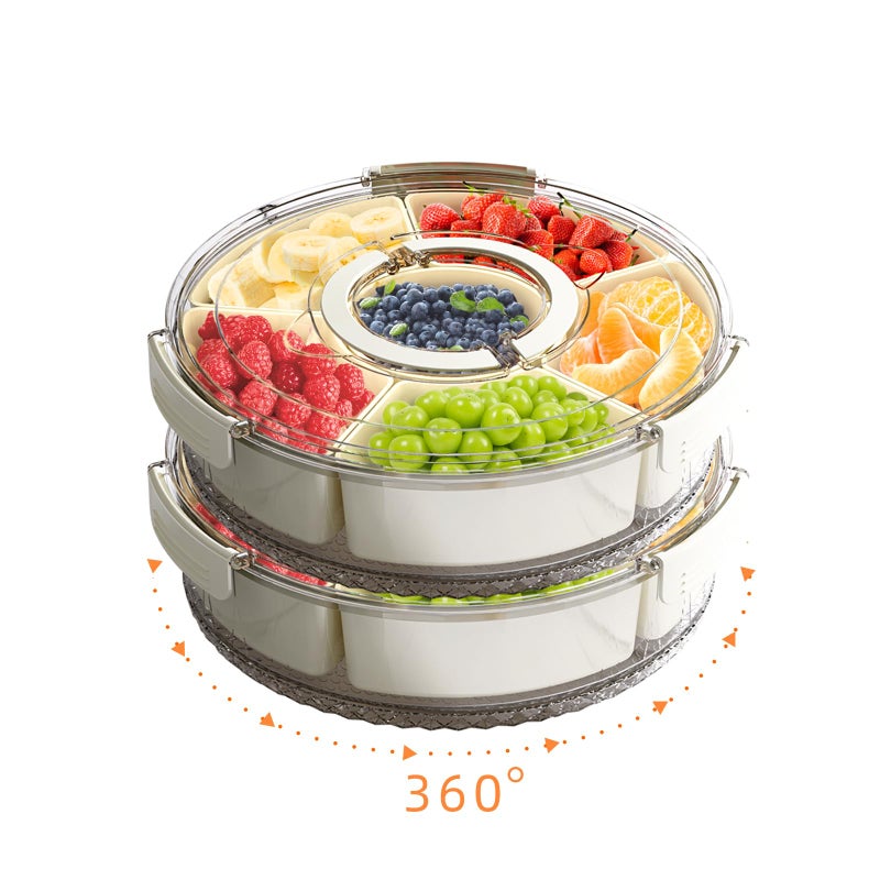 riyeloi Divided Serving Tray with Lid and Handle, Stackable Snackle Box Container for Fruits Candy Organizer, Portable Spinning Rounded Veggie Tray for Kitchen, Party, Trave and Picnic-2 PACK - Image 1
