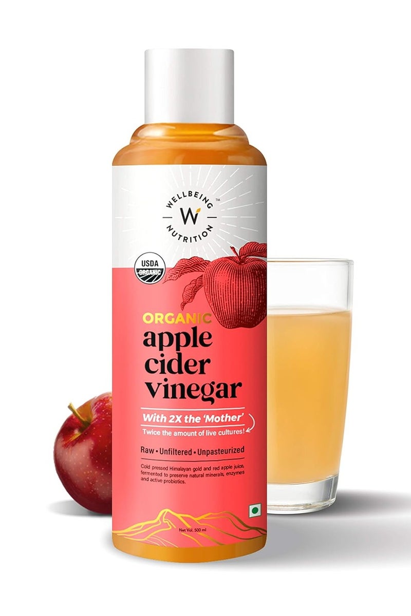 خل التفاح العضوي من جبال الهيمالايا (ACV) مع أم الخل | خيطان من البروبيوتيك والإنزيمات | خام، غير مفلتر، غير مبستر | 500 مل