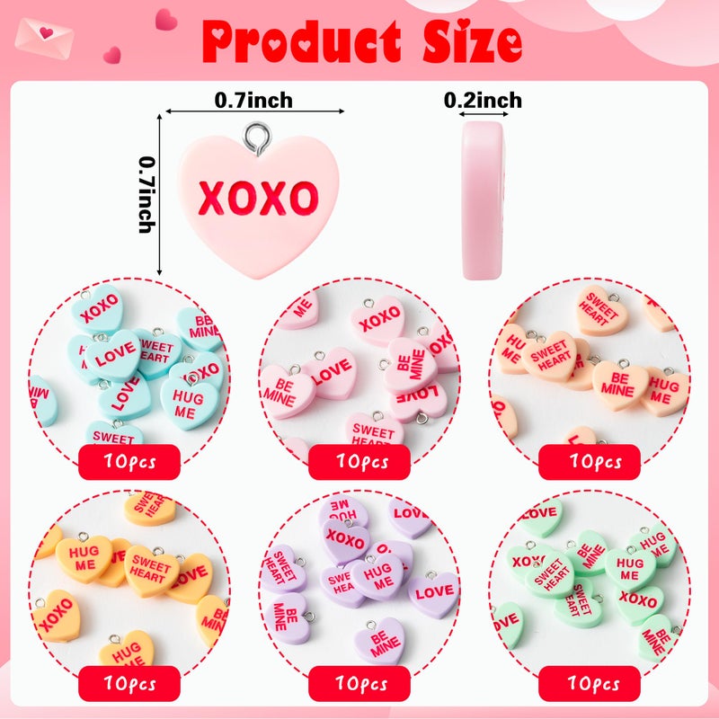 PANTIDE 60Pcs Valentine's Day Conversation Heart Charms Colorful Resin Pendant for Jewelry Making Necklace Bracelet Earring DIY Art Craft Accessories, Anniversary Birthday Bulk Gift for Women - Image 2