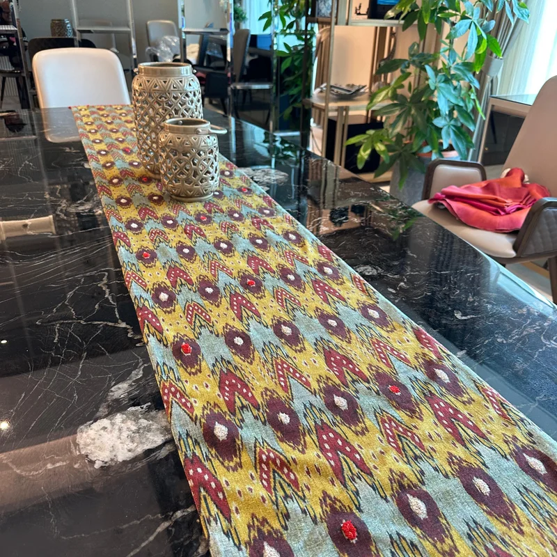Tohfa Luxe Ikat Woven Embroidered Table Runner with Tassels – 250 x 40 cm