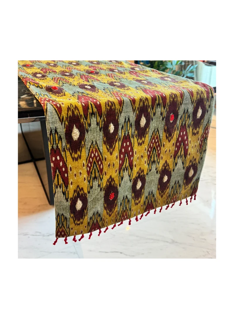 Tohfa Luxe Ikat Woven Embroidered Table Runner with Tassels â€“ 250 x 40 cm