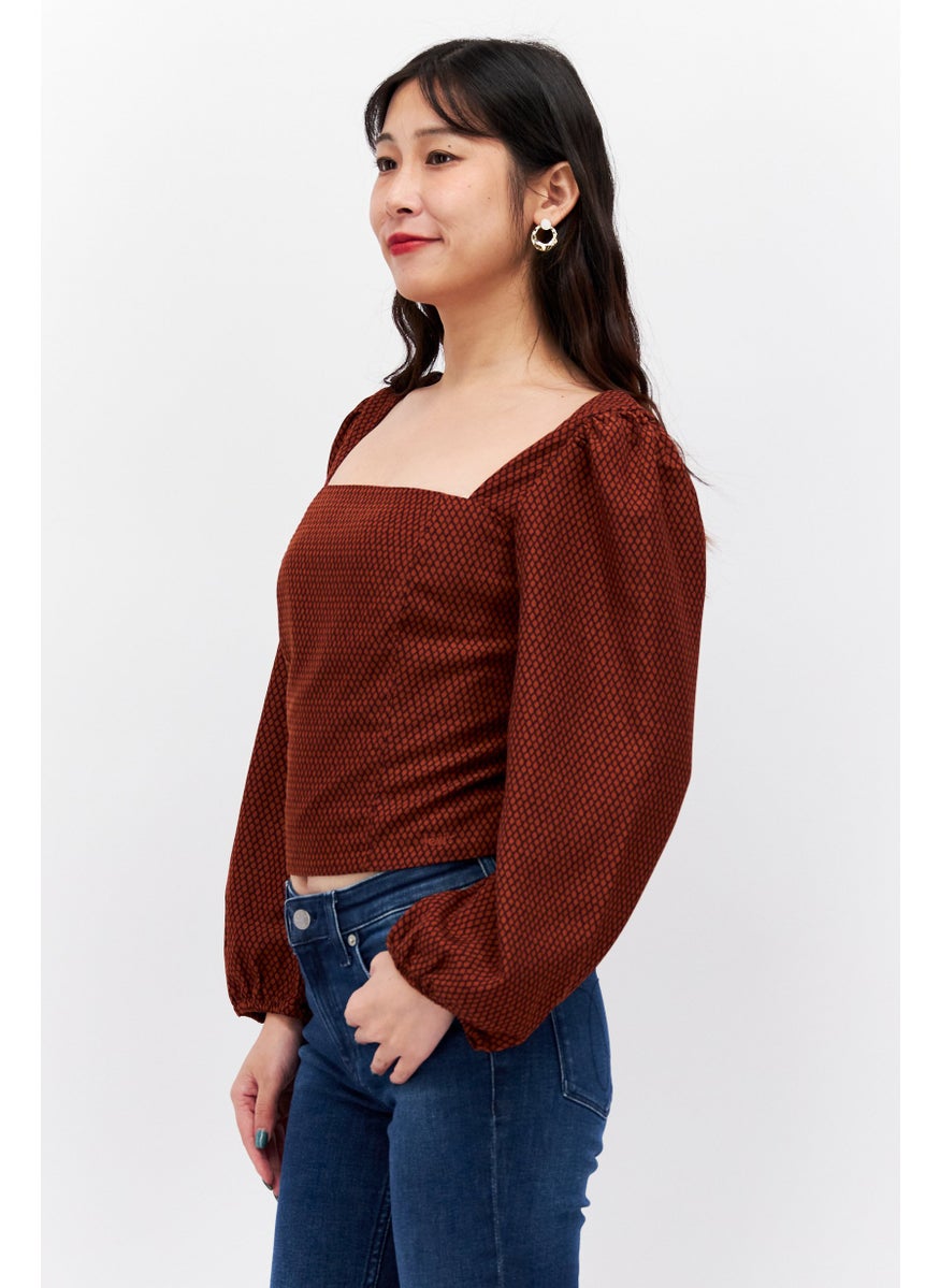 Levi's - Women Square Neck Long Sleeve Allover Print Top, Brown - Image 1