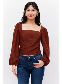 Women Square Neck Long Sleeve Allover Print Top, Brown