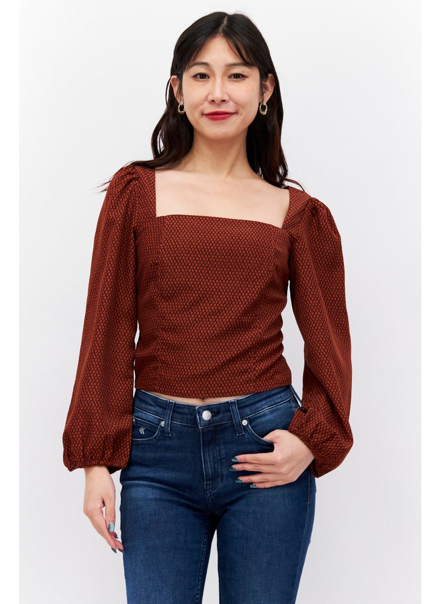 Levi's - Women Square Neck Long Sleeve Allover Print Top, Brown - Image 1