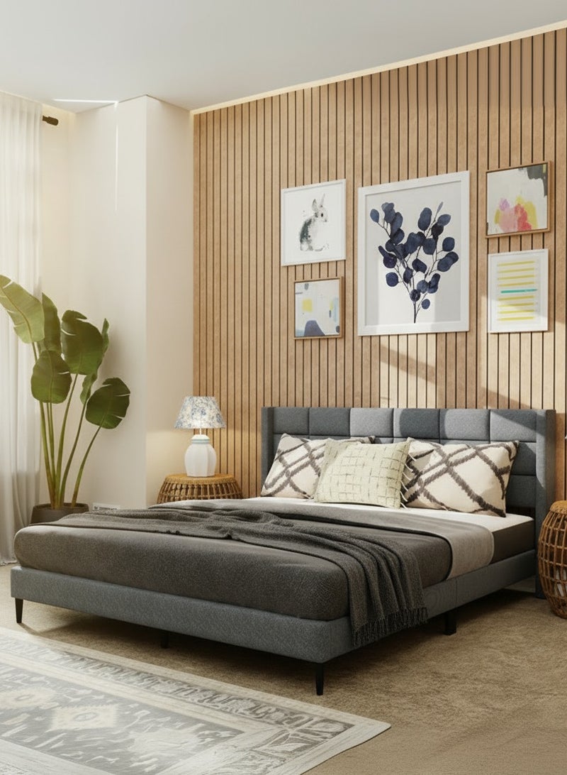 رويال أوك سرير رويالووك ويلو مزدوج كبير، إطار خشبي متين، لوح رأس مبطن بالقماش الكتان، تصميم عصري، حجم كينج، لون داكن/بيج - Image 1