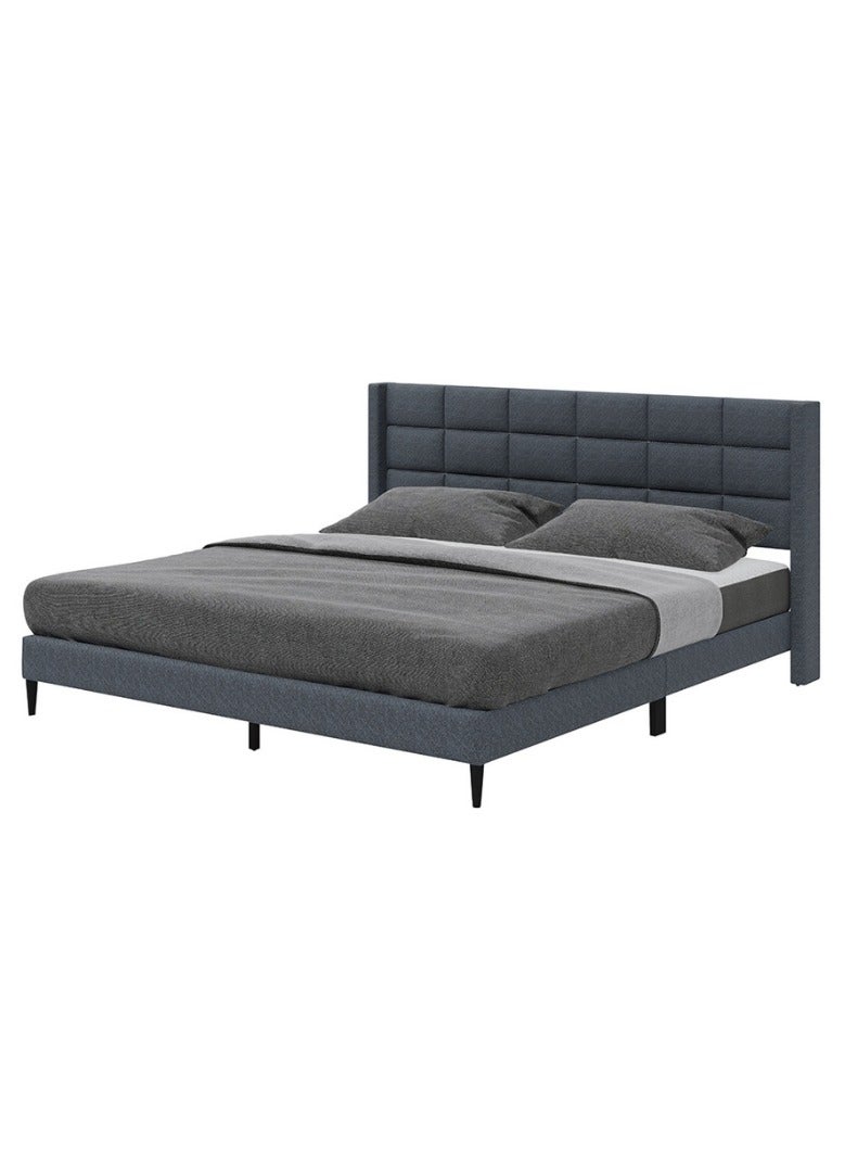 رويال أوك سرير رويالووك ويلو مزدوج كبير، إطار خشبي متين، لوح رأس مبطن بالقماش الكتان، تصميم عصري، حجم كينج، لون داكن/بيج - Image 2