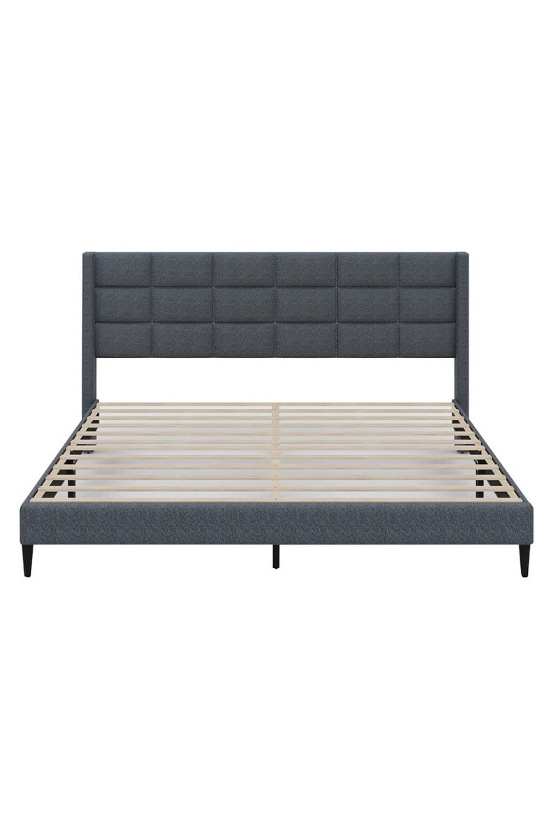 رويال أوك سرير رويالووك ويلو مزدوج كبير، إطار خشبي متين، لوح رأس مبطن بالقماش الكتان، تصميم عصري، حجم كينج، لون داكن/بيج - Image 4