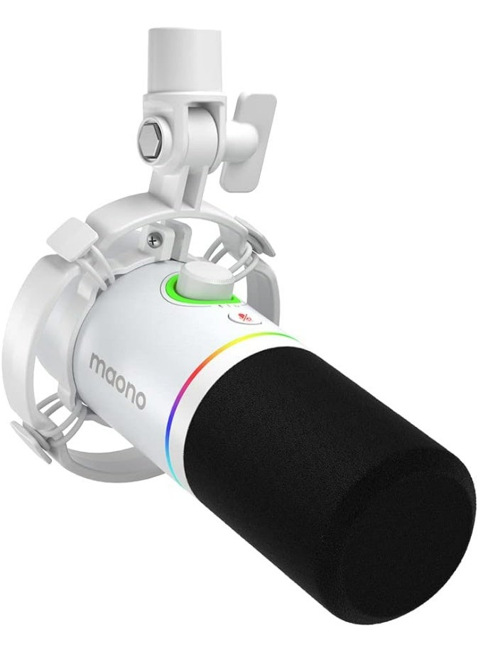 ماونو ميكروفون MAONO دايناميك XLR/USB، مخصص للجيمينغ مع إضاءة RGB، مزوّد ببرنامج للتحكم، وزر كتم الصوت، وزر للتحكم في الـ Gain، وضبط الصوت، ومخرج سماعة رأس للبث والتسجيل والبودكاست – موديل PD200X (أبيض) - Image 1