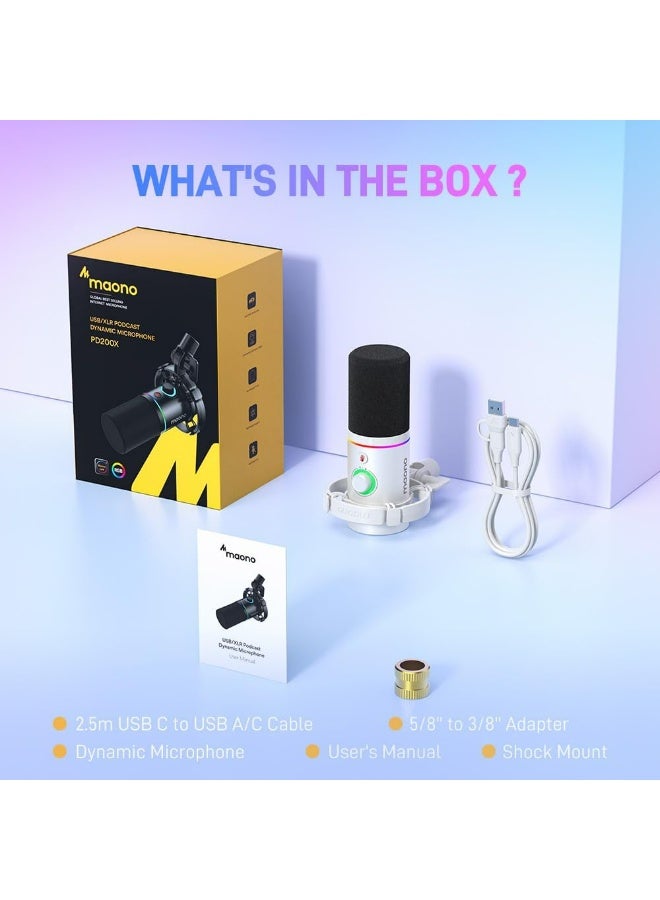 ماونو ميكروفون MAONO دايناميك XLR/USB، مخصص للجيمينغ مع إضاءة RGB، مزوّد ببرنامج للتحكم، وزر كتم الصوت، وزر للتحكم في الـ Gain، وضبط الصوت، ومخرج سماعة رأس للبث والتسجيل والبودكاست – موديل PD200X (أبيض) - Image 3
