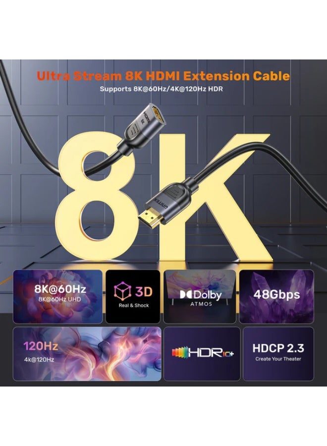 UNITEK كابل تمديد HDMI 2.1 ذكر إلى أنثى، HDMI2.1 8K 60Hz، محول كابل تمديد HDMI ذكر إلى أنثى متوافق مع التلفزيون عالي الدقة، عصا التلفاز، مشغلات الوسائط المتدفقة، مشغل DVD بلو راي، وحدات التحكم في الألعاب، صندوق الأقمار الصناعية، مستقبلات AV، صندوق التلفاز، Boxee، Xbox360، Xbox One S، PS5، PS4، PS3، PSVR، نينتندو وي يو، نظارات Oculus Rift VR، عصا الكمبيوتر ويندوز 10، التلفاز المثبت على الحائط، صندوق اختيار HDMI، الكمبيوتر، إلخ. - Image 2