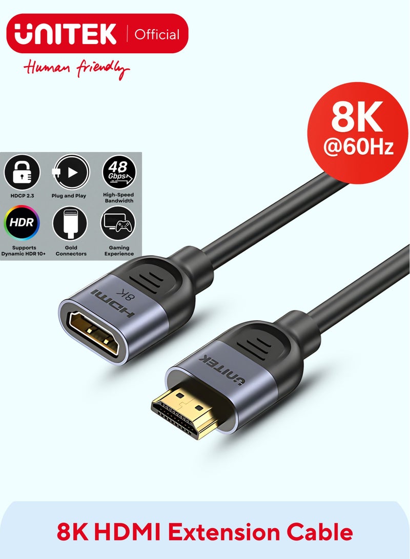 UNITEK كابل تمديد HDMI 2.1 ذكر إلى أنثى، HDMI2.1 8K 60Hz، محول كابل تمديد HDMI ذكر إلى أنثى متوافق مع التلفزيون عالي الدقة، عصا التلفاز، مشغلات الوسائط المتدفقة، مشغل DVD بلو راي، وحدات التحكم في الألعاب، صندوق الأقمار الصناعية، مستقبلات AV، صندوق التلفاز، Boxee، Xbox360، Xbox One S، PS5، PS4، PS3، PSVR، نينتندو وي يو، نظارات Oculus Rift VR، عصا الكمبيوتر ويندوز 10، التلفاز المثبت على الحائط، صندوق اختيار HDMI، الكمبيوتر، إلخ. - Image 1