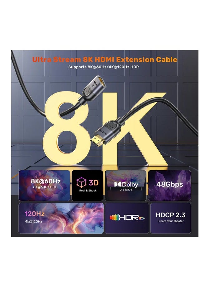 HDMI 2.1  Male to Female HDMI Extension Cable, HDMI2.1 8K 60Hz, HDMI Extender Male to Female Adapter Cable compatible with HD Television, TV Stick, Streaming media players, Blue-ray DVD player, Gaming Consoles, Satellite Box, AV receivers, TV Box, Boxee, Xbox360, Xbox One S, PS5, PS4, PS3, PSVR, Nintendo Wii U, Oculus Rift VR headset, windows 10 PC stick, wall-mounted TV, HDMI Selector Box, PC, etc - pzsku/Z08F1516D78150BD37E57Z/45/_/1740741548/15911349-9ff3-4d31-92fd-30e37743cde4