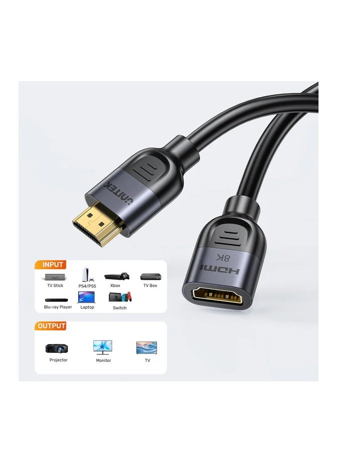 HDMI 2.1  Male to Female HDMI Extension Cable, HDMI2.1 8K 60Hz, HDMI Extender Male to Female Adapter Cable compatible with HD Television, TV Stick, Streaming media players, Blue-ray DVD player, Gaming Consoles, Satellite Box, AV receivers, TV Box, Boxee, Xbox360, Xbox One S, PS5, PS4, PS3, PSVR, Nintendo Wii U, Oculus Rift VR headset, windows 10 PC stick, wall-mounted TV, HDMI Selector Box, PC, etc - pzsku/Z08F1516D78150BD37E57Z/45/_/1740741647/9acc69ad-6096-46a9-bb1d-b16734b07cdf