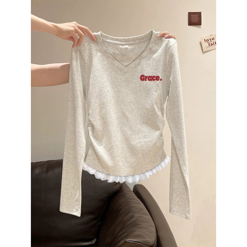 Unique and beautiful v-neck long-sleeved top for women's slim fit 2025 early autumn new popular item, super beautiful lace waist-pinching t-shirt - Image 3