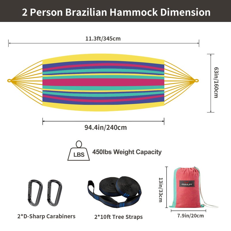 CHULIM Brazilian Double Hammock with Tree Straps,Extra Large 94x63IN,2 Persons Hammock for Backyard Patio Outdoor and Indoor,450lbs Weight Capacity,Soft Woven Cotton Fabric - Aqua Bule Stripe - Image 3
