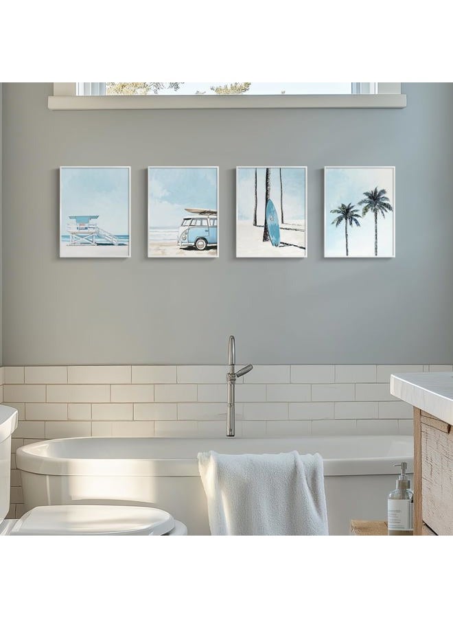 Cuspin Framed Blue Coastal Beach Wall Art for Room Decor, 4 Piece Beach Ocean Bathroom Canvas Pictures Prints, Palm Tree Surfboard Coastal Summer Artwork for Living Room Bedroom Office Walls Decor, 11x14 In - Image 2