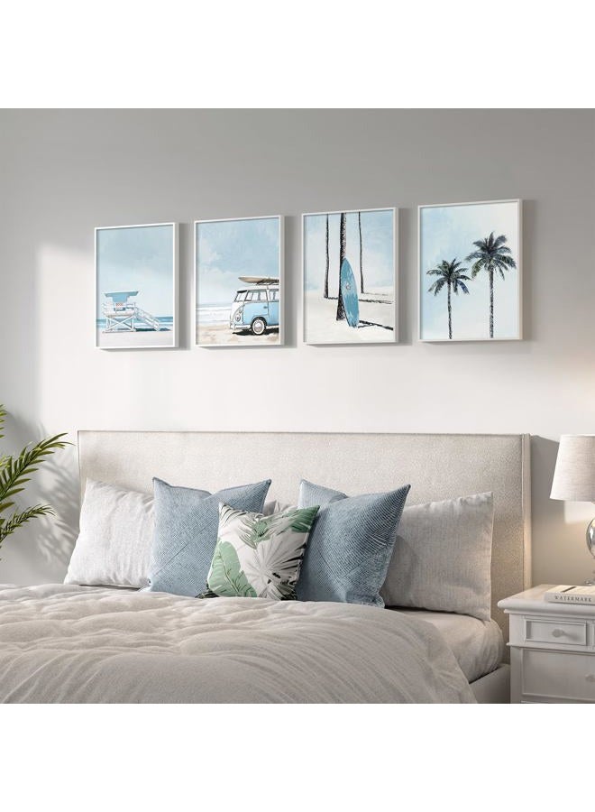 Cuspin Framed Blue Coastal Beach Wall Art for Room Decor, 4 Piece Beach Ocean Bathroom Canvas Pictures Prints, Palm Tree Surfboard Coastal Summer Artwork for Living Room Bedroom Office Walls Decor, 11x14 In - Image 3