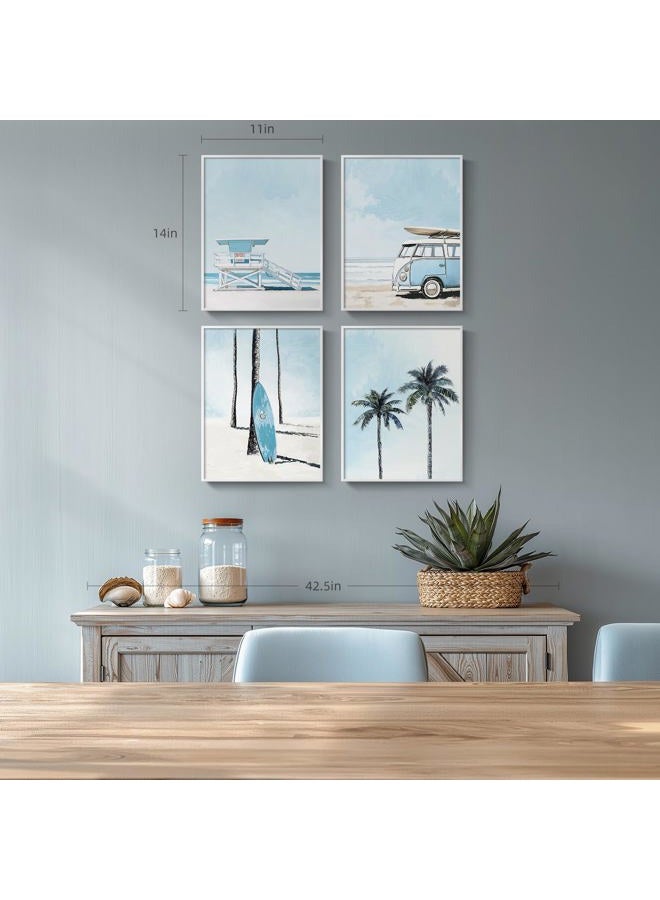 Cuspin Framed Blue Coastal Beach Wall Art for Room Decor, 4 Piece Beach Ocean Bathroom Canvas Pictures Prints, Palm Tree Surfboard Coastal Summer Artwork for Living Room Bedroom Office Walls Decor, 11x14 In - Image 4