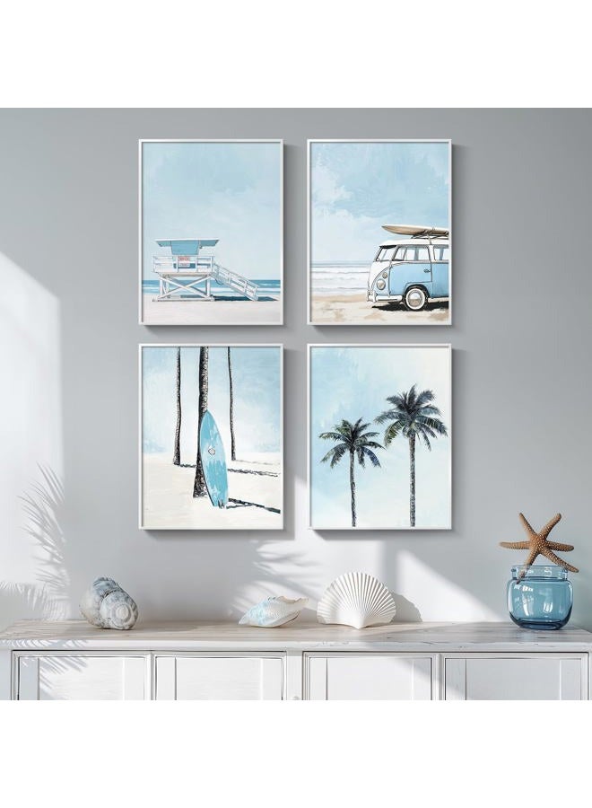 Cuspin Framed Blue Coastal Beach Wall Art for Room Decor, 4 Piece Beach Ocean Bathroom Canvas Pictures Prints, Palm Tree Surfboard Coastal Summer Artwork for Living Room Bedroom Office Walls Decor, 11x14 In - Image 1