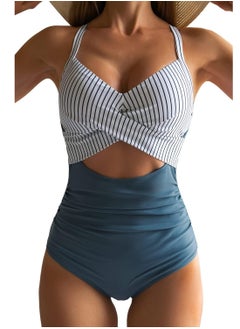 Women's One Piece Swimsuits Tummy Control Cutout High Waisted Bathing Suit Wrap Tie Back 1 Piece Swimsuit, Blue Striped/L