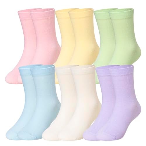 Eocom Girls Socks Little Kids Crew Socks Cotton Cute Youth Dress Socks 6 Pairs (6 Pairs Mix Color, 6-8 Years) - Image 1