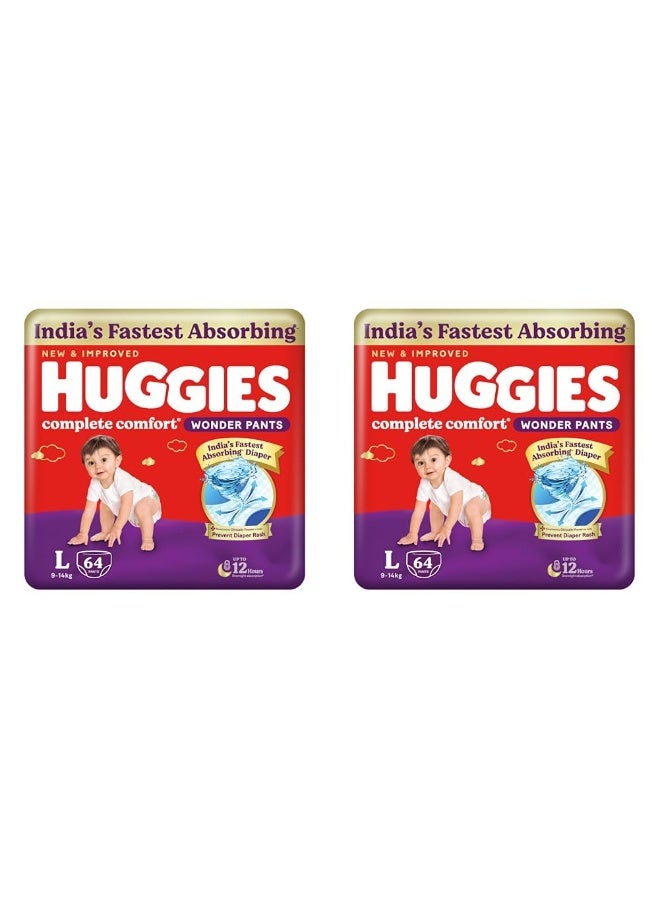 Huggies Complete Comfort Wonder Pants | Pant Style Baby Diapers L Size, 64 Count | India's Fastest Absorbing Diaper, Patented Dry Xpert Channel, Ideal for 9 to 14 Kgs (Pack of 2) - Image 1